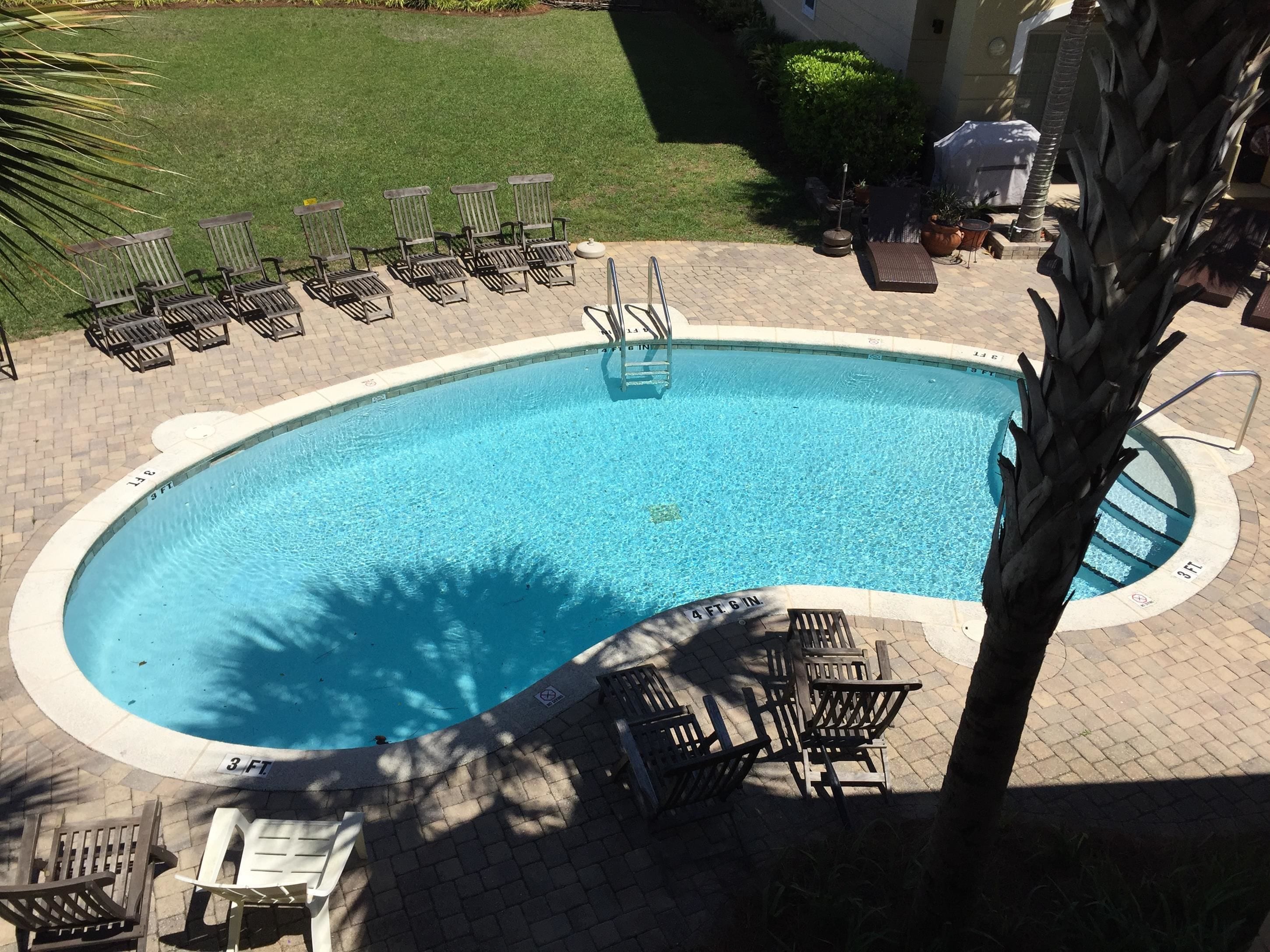 A swimming pool with a 4 FT 6 IN depth marker, surrounded by lounge chairs and a palm tree.