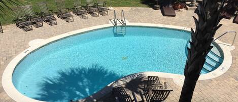 A swimming pool with a 4 FT 6 IN depth marker, surrounded by lounge chairs and a palm tree.