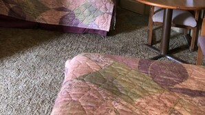 Una habitación con una cama, una mesita y una silla. Hay una puerta que da a un baño.