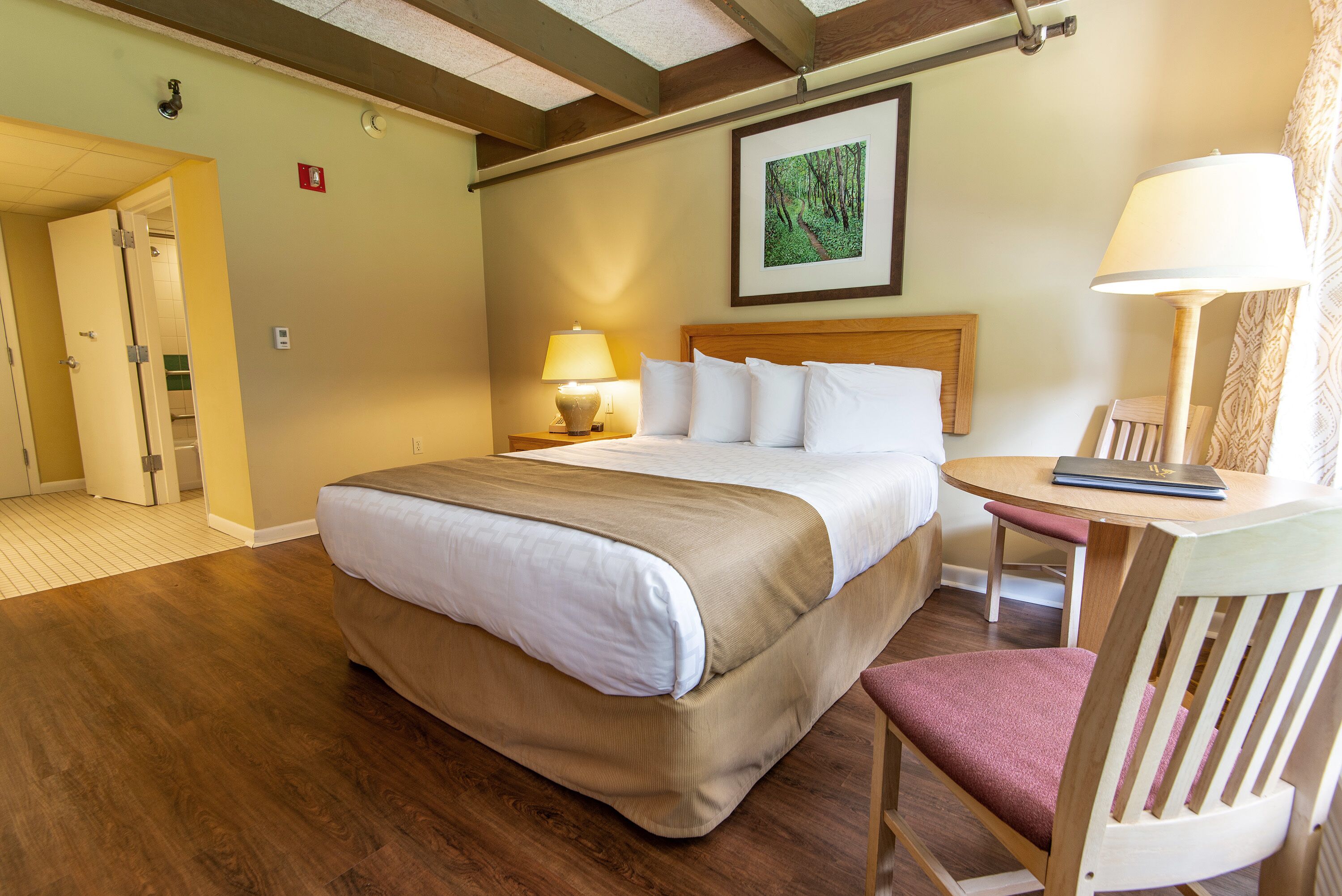 A hotel room with a large bed, a bedside table with a lamp, a chair, and a small table with a laptop.