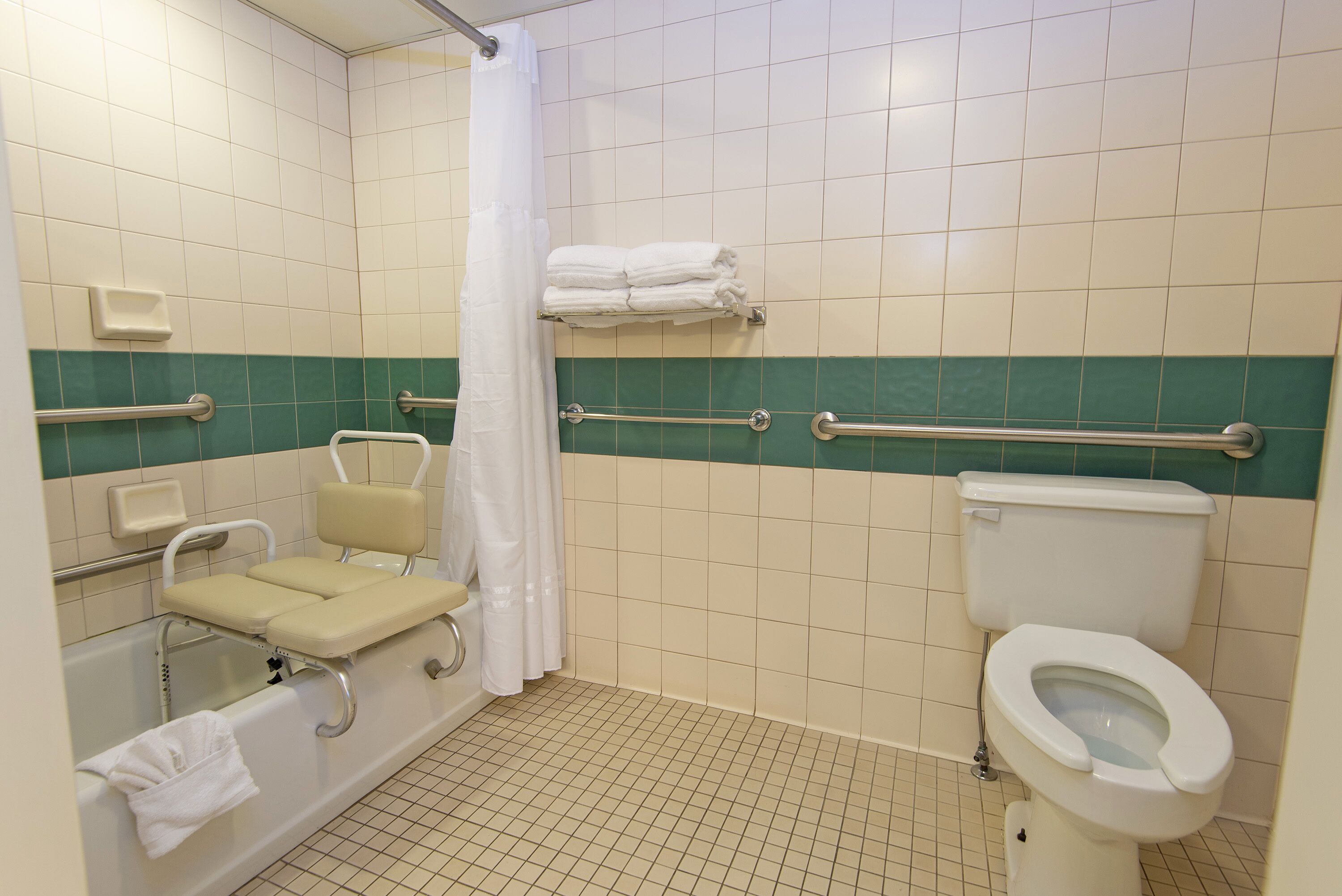 Un baño con ducha accesible para sillas de ruedas, barras de apoyo, inodoro y bañera.