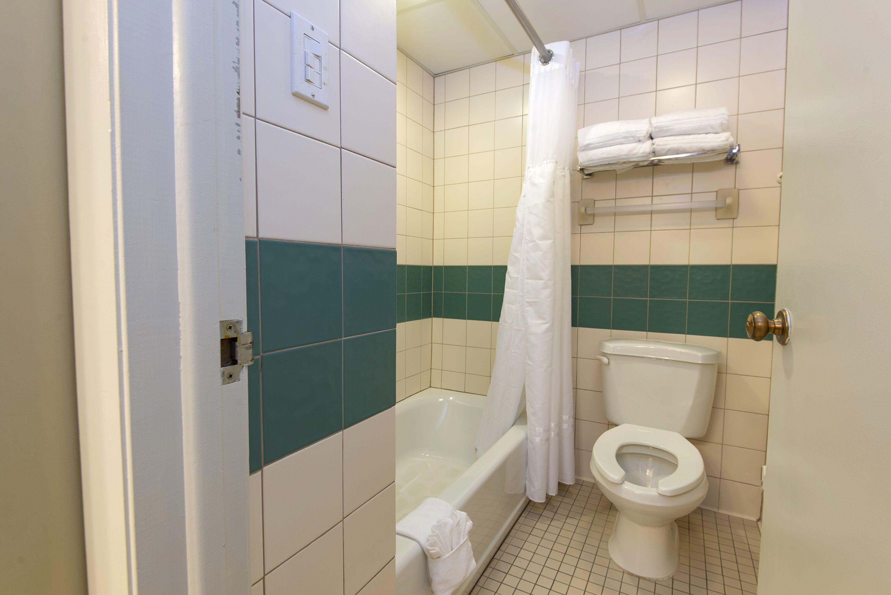 Une salle de bain avec une baignoire, des toilettes et un rideau de douche.