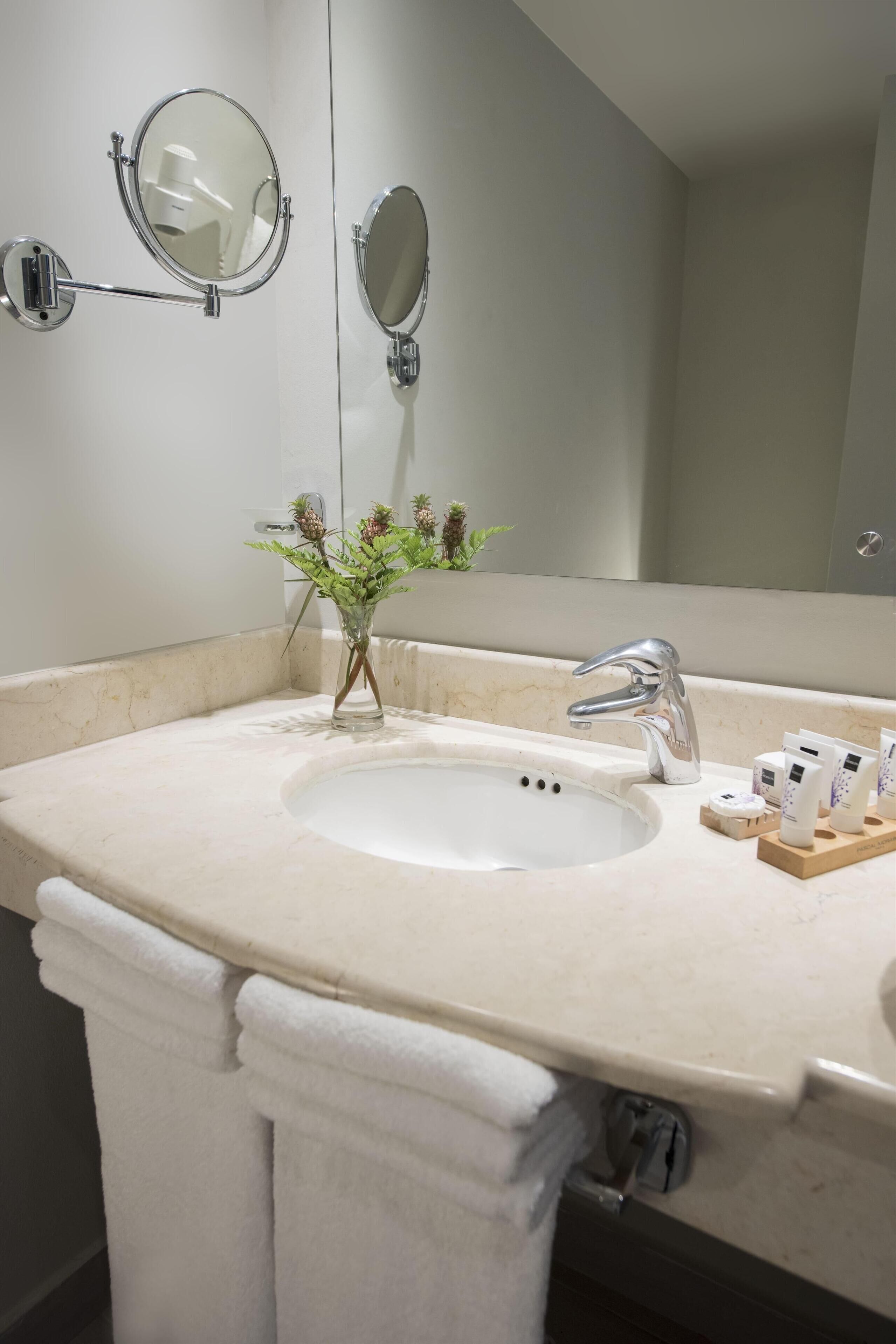 A bathroom with a white sink, two wall-mounted mirrors, a small plant, and toiletries on the counter.