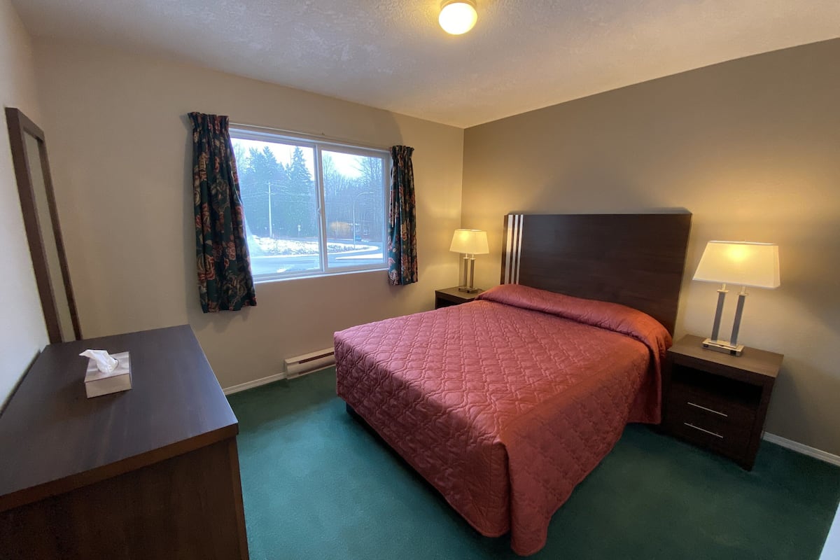 Une chambre d’hôtel avec un lit, deux tables de chevet avec des lampes, une fenêtre avec des rideaux, un bureau avec une boîte de mouchoirs et un sol recouvert de moquette.