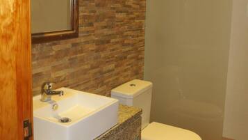 Bañera con ducha, secador de pelo, bidet, toallas