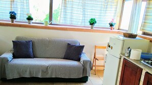 A cozy living area with a patterned sofa, a small kitchen with a refrigerator, and a window with curtains and potted plants. - Castro: House with private access to the sea (Castro)