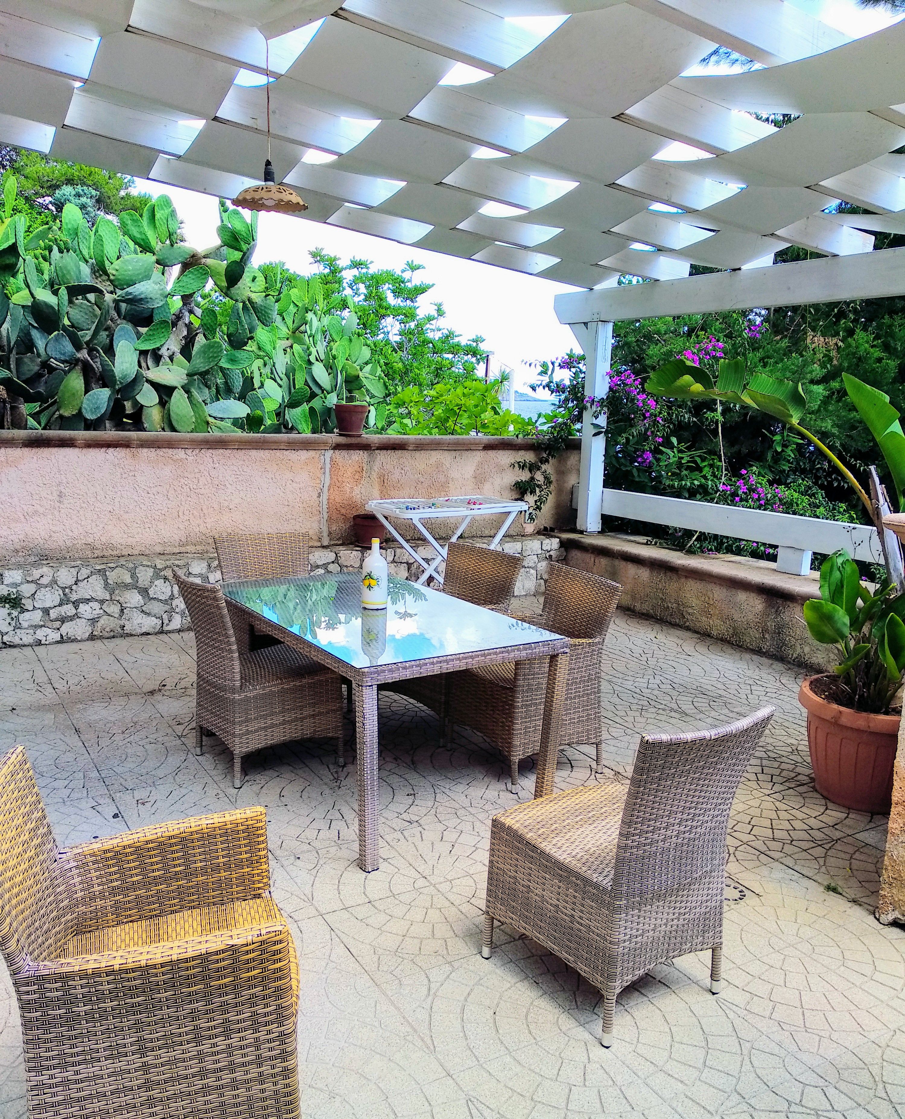 Une terrasse extérieure aménagée avec des meubles en osier, une table en verre et des plantes en pot.