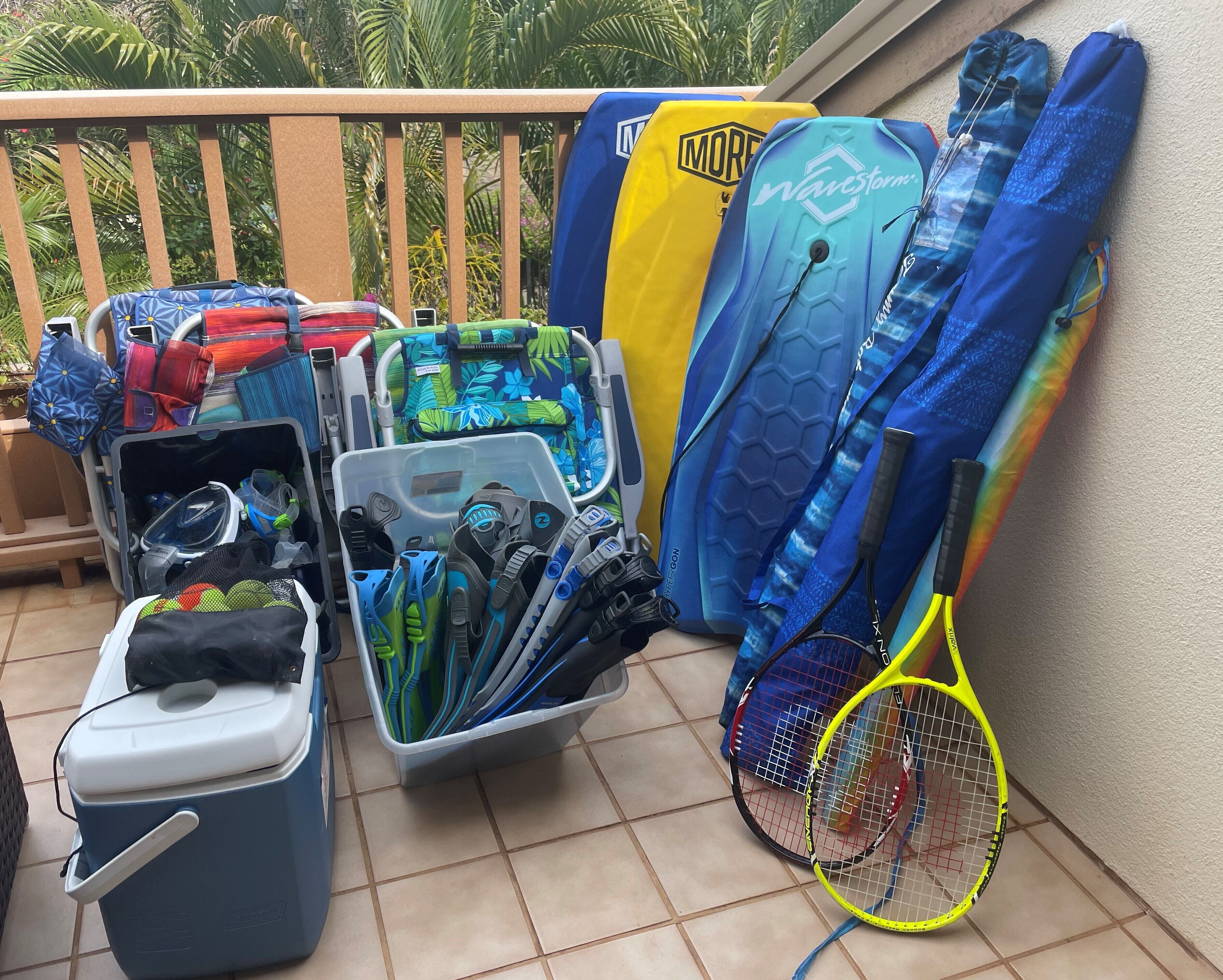 A variety of sports equipment and bags, including a cooler, a blue and green bag, a yellow bag, and a blue and white bag, all placed on a balcony with a view of palm trees.