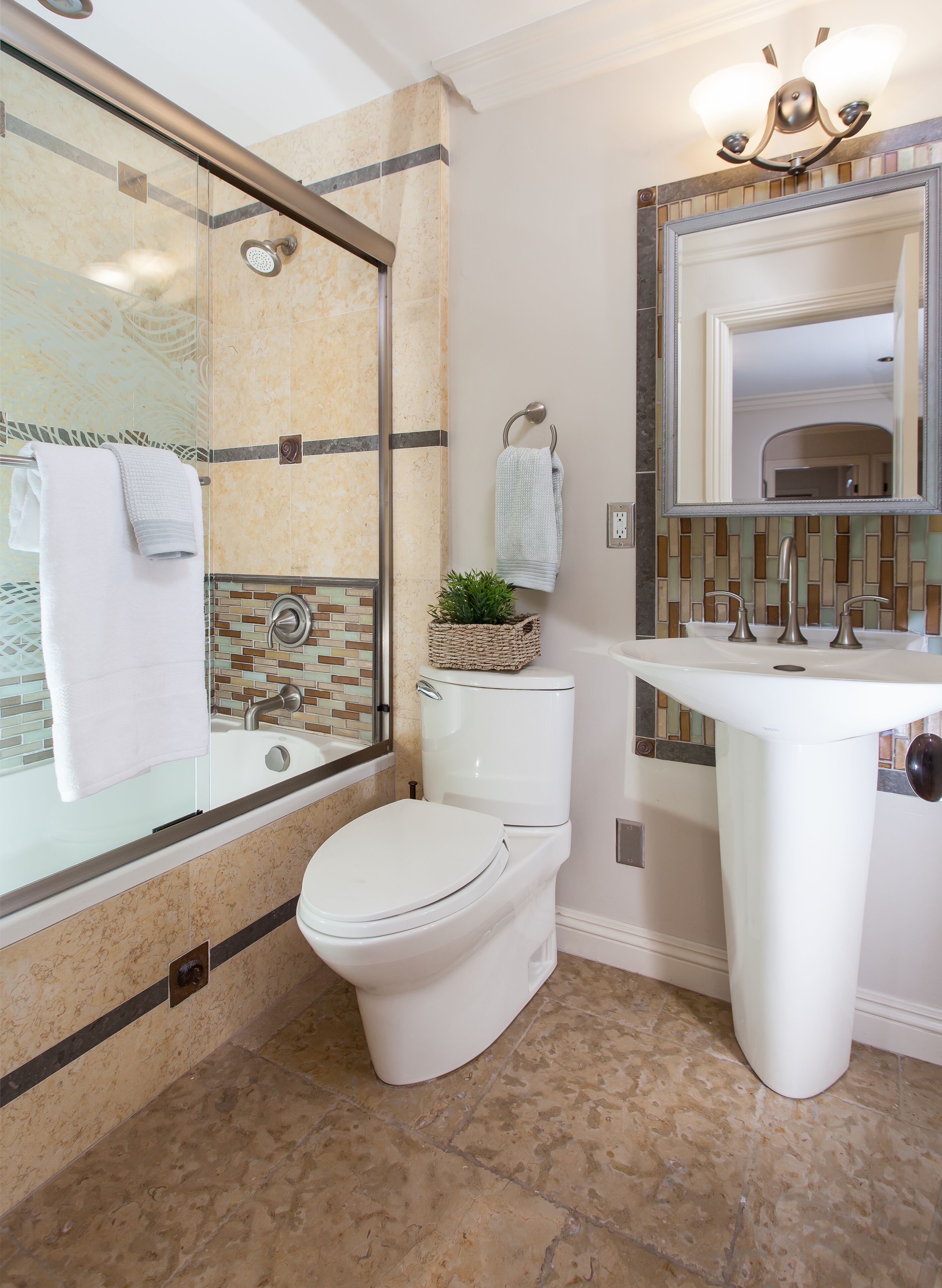 Une salle de bain avec une douche à parois de verre, des toilettes blanches, un lavabo avec un miroir au-dessus et une plante en pot posée sur les toilettes.