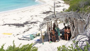 Una playa con una cabaña de techo de paja y una tabla de surf.