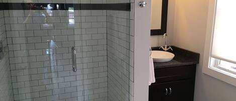A bathroom with a glass-enclosed shower, a white sink, and a dark-colored vanity.