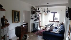 Télévision, cheminée, livres, médiathèque