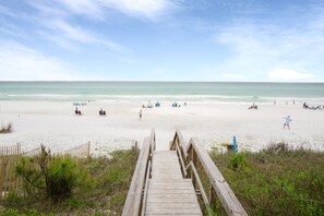 A wooden boardwalk leading to a sandy beach with a clear sky. - Perfect Beach Getaway!!  2 BR 2 BA Ground floor End Unit!! Steps From The Beach! (Santa Rosa Beach)