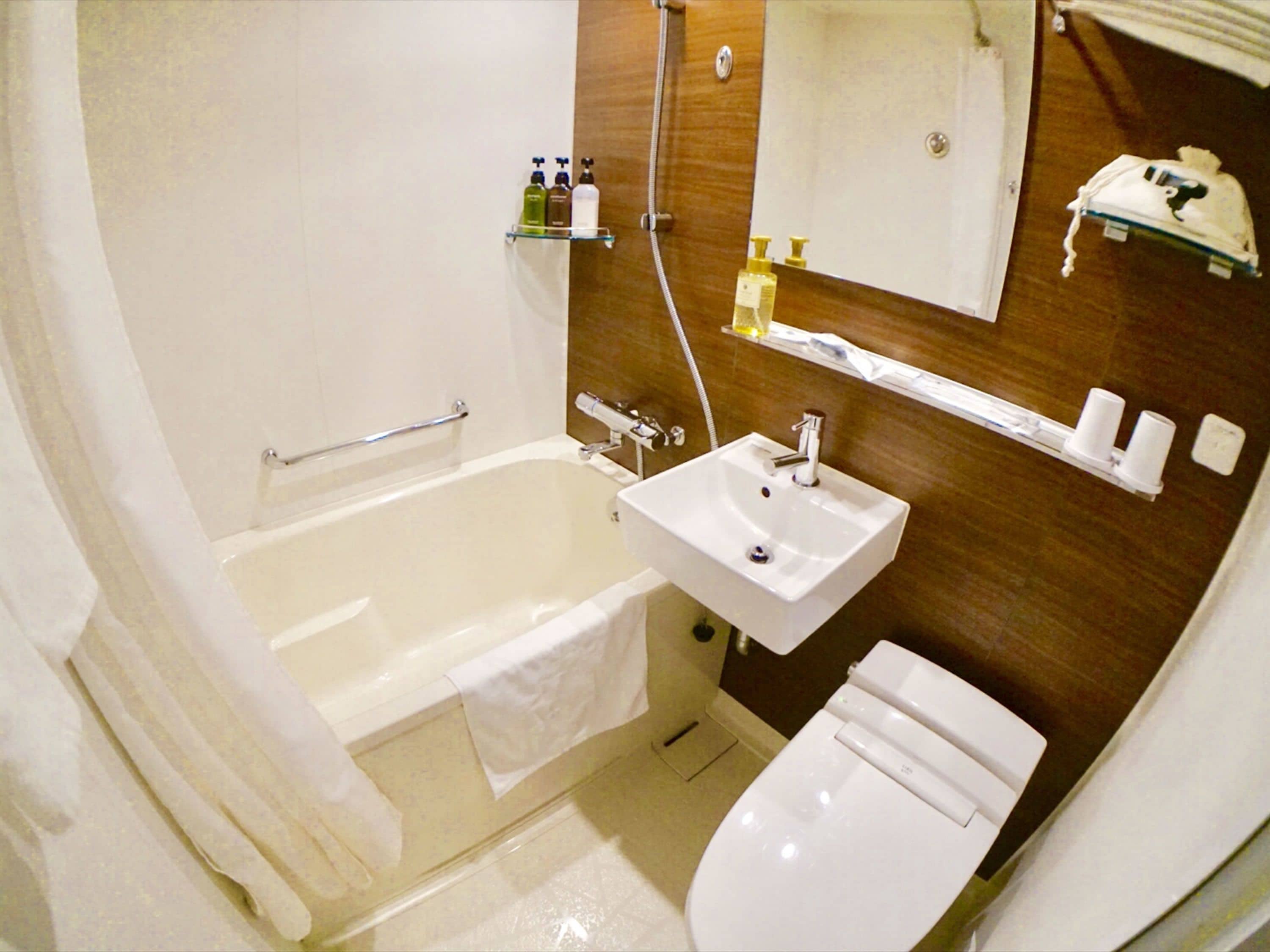 combined shower/bathtub, free toiletries, hair dryer, slippers