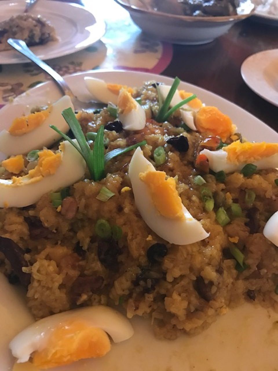 A plate of fried rice with egg slices and green onions.
