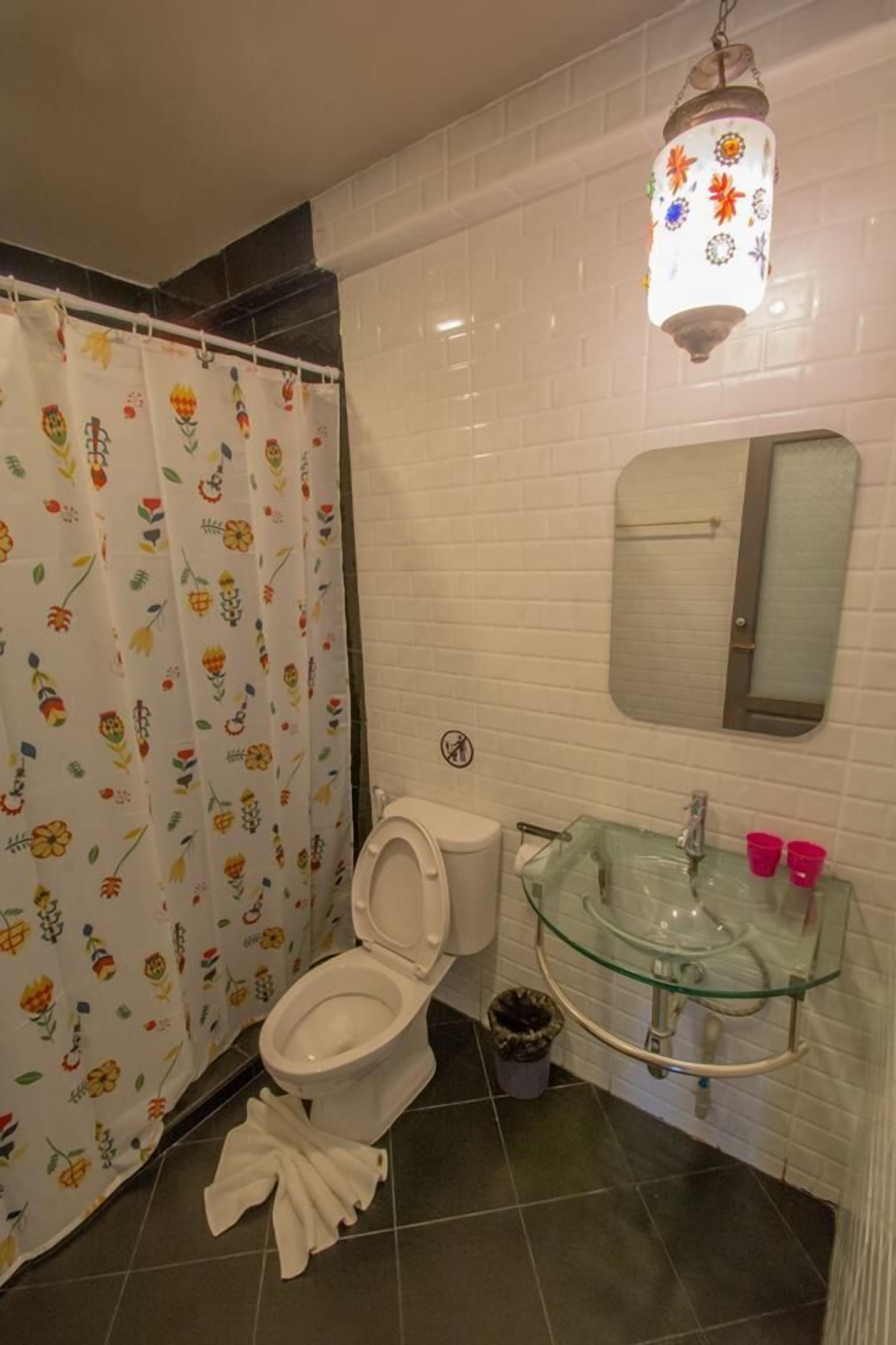 Et badeværelse med toilet, et glasvask, et spejl, et bruseforhæng med blomstermønster og en hængende lampe.