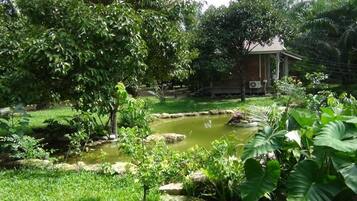 Escape to a serene oasis surrounded by lush greenery and a tranquil pond.