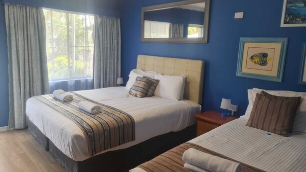 A hotel room with two beds, a large window with curtains, a bedside table with a lamp, and artwork on the walls. - Valley View Motel (Murrurundi)