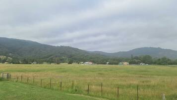 A rural landscape with a field, a fence, and distant hills.