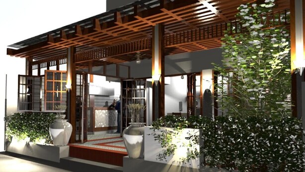 Un edificio moderno con un acceso con pérgola de madera, grandes macetas y un interior bien iluminado.
