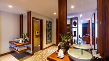 Shower, eco-friendly toiletries, hair dryer, bathrobes