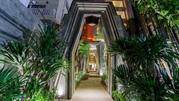 Un sendero estrecho y bien iluminado bordeado de vegetación exuberante que conduce a la entrada de un edificio.