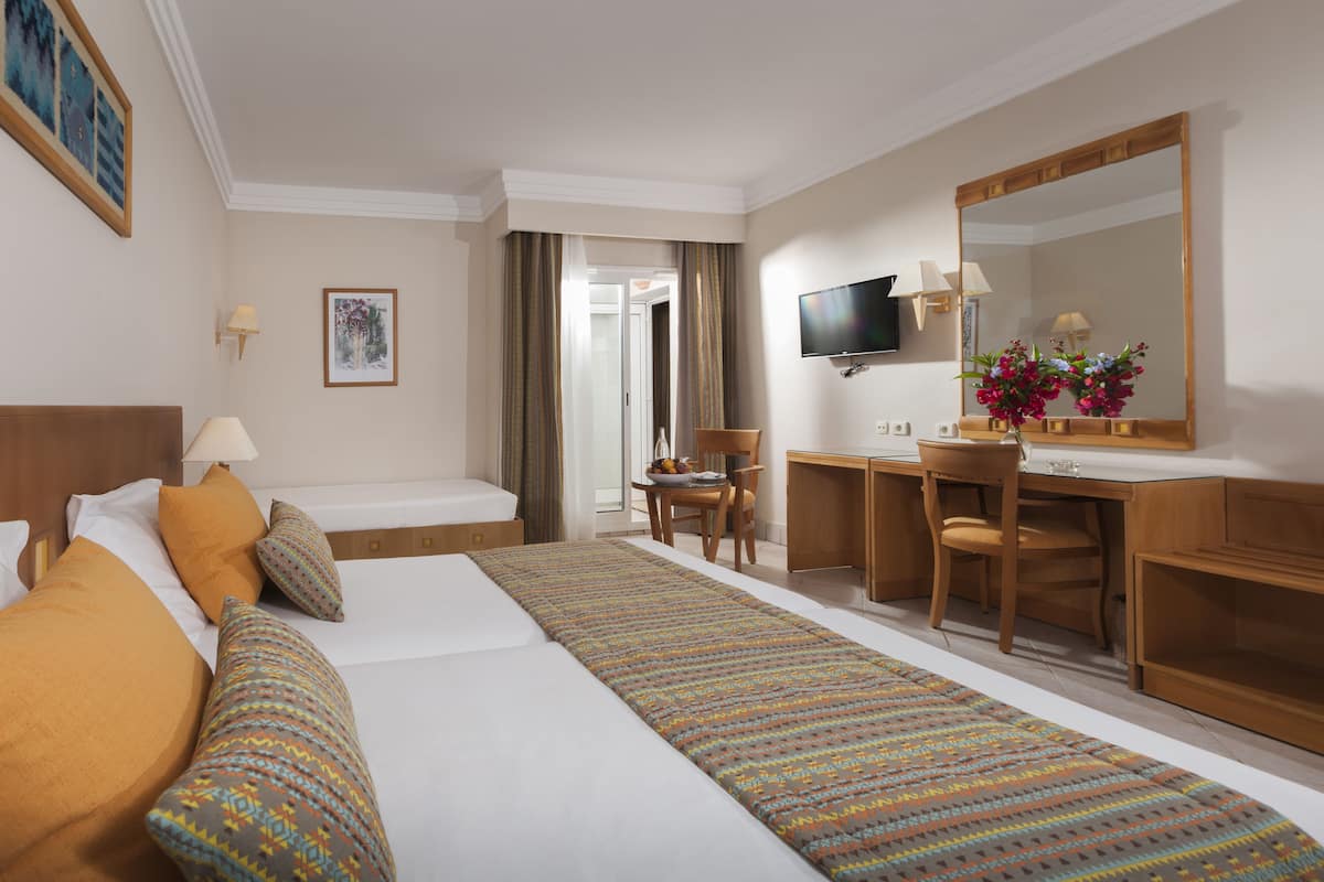 Une chambre d’hôtel avec un grand lit, un bureau, une chaise, une télévision et un miroir.