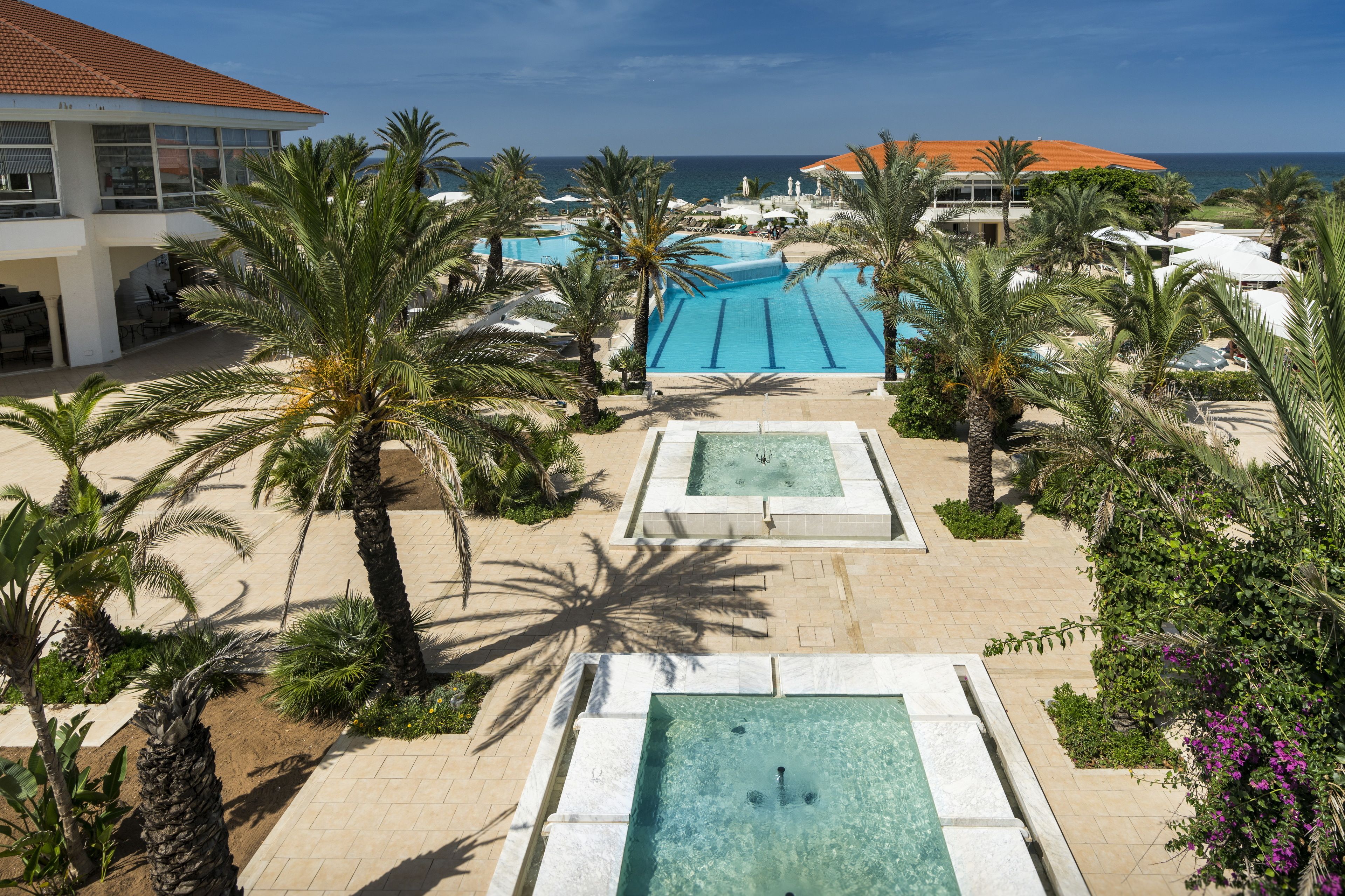 A resort with a large swimming pool, palm trees, and a view of the ocean.