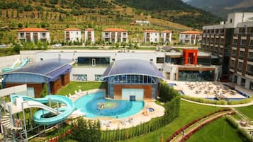 Indoor pool, outdoor pool, pool umbrellas, sun loungers