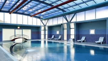 Indoor pool, outdoor pool, pool umbrellas, sun loungers
