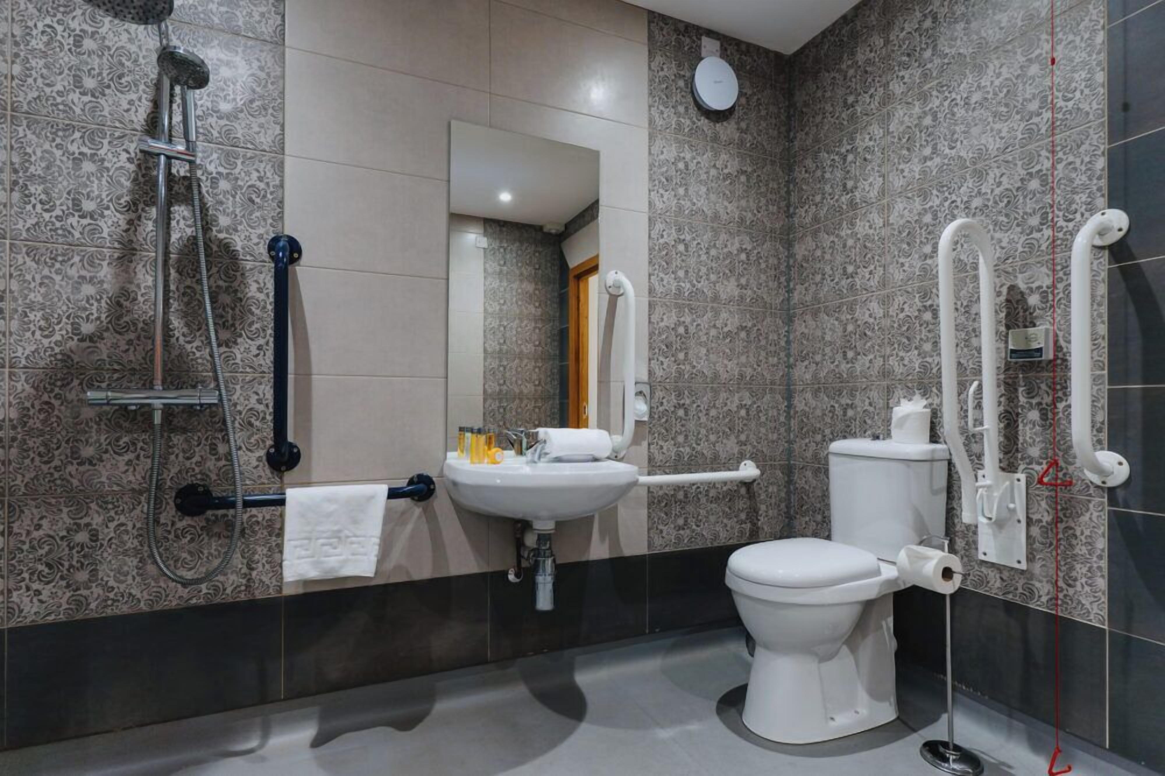 A modern bathroom with a shower, sink, toilet, and handrails.