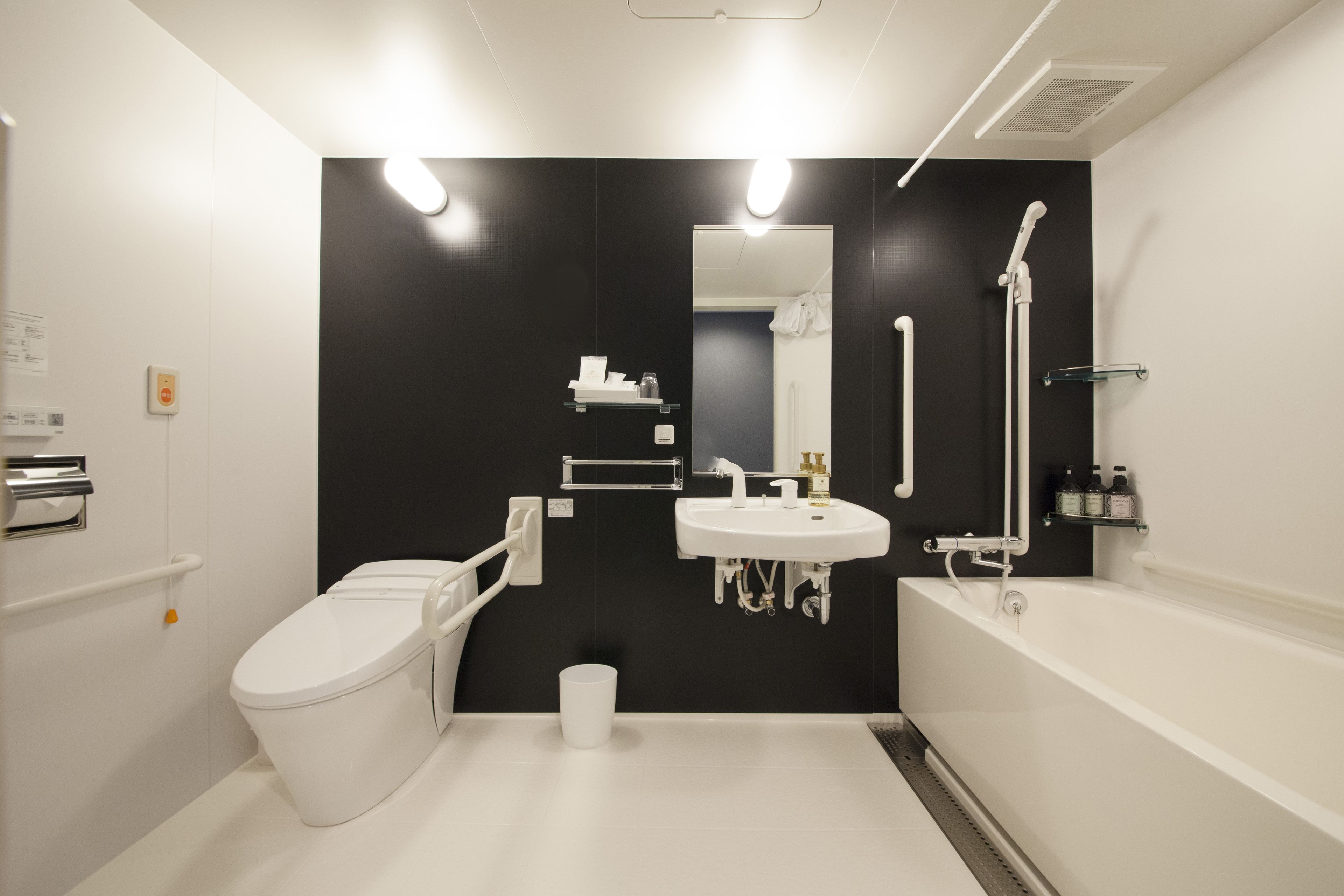 combined shower/bathtub, free toiletries, hair dryer, slippers