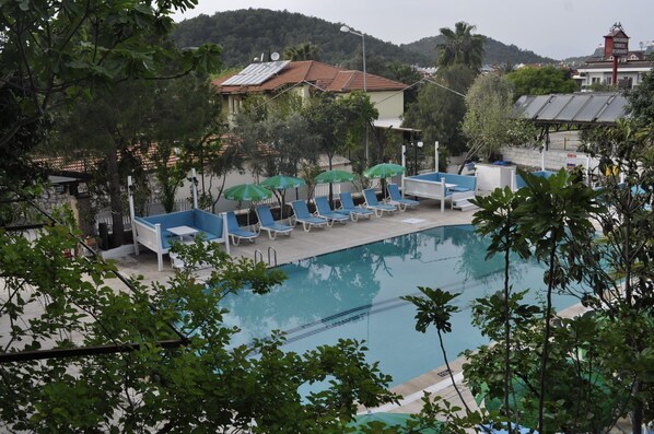 Outdoor pool, pool umbrellas, pool loungers