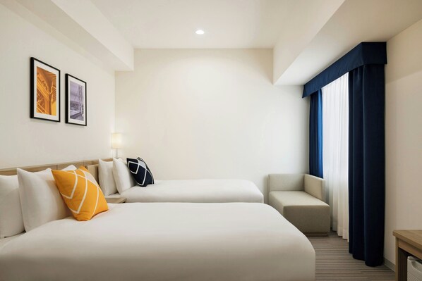 Desk, laptop workspace, blackout curtains, free WiFi