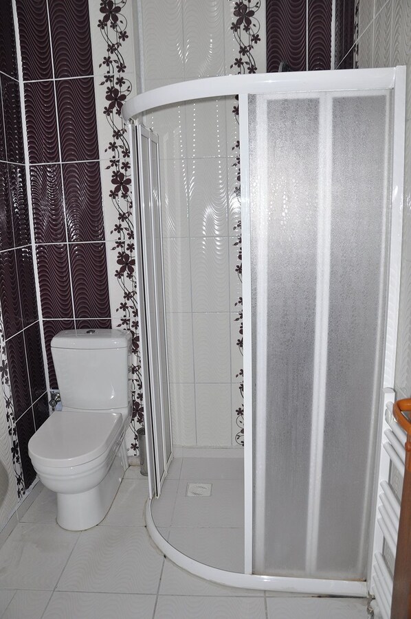 A bathroom with a white toilet, a shower enclosure, and patterned tiles.