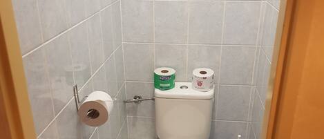 Un baño pequeño con azulejos, un inodoro, un cubo de basura y un cepillo para el inodoro.