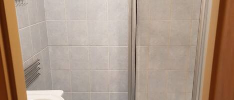 A bathroom with a shower, a sink, and a toilet.