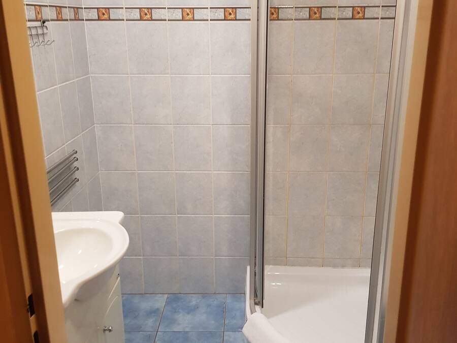 Un bagno con doccia, lavandino e WC.