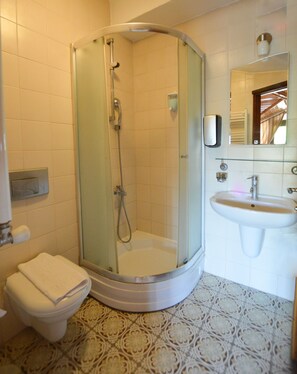 A bathroom with a glass-enclosed shower, a toilet, a sink, and patterned floor tiles.