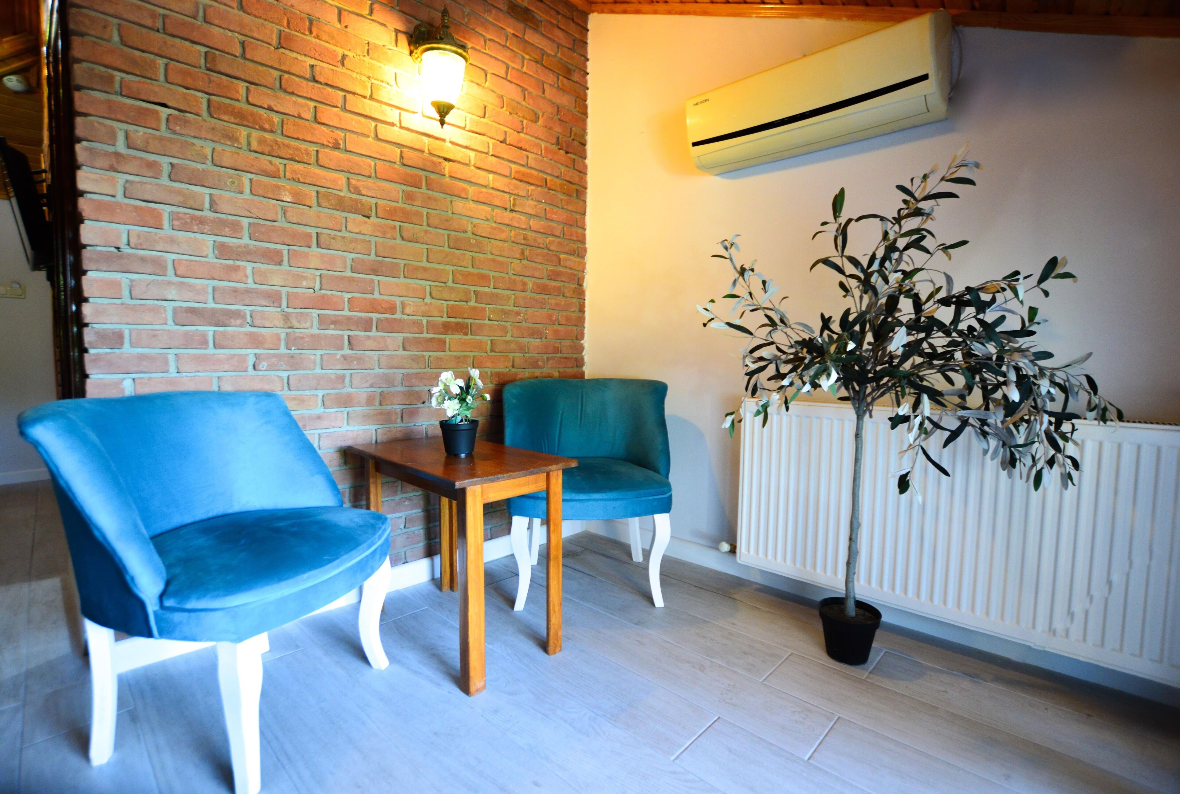 Une pièce avec un mur en briques, un radiateur blanc, une plante en pot et deux chaises bleues disposées autour d’une table en bois.