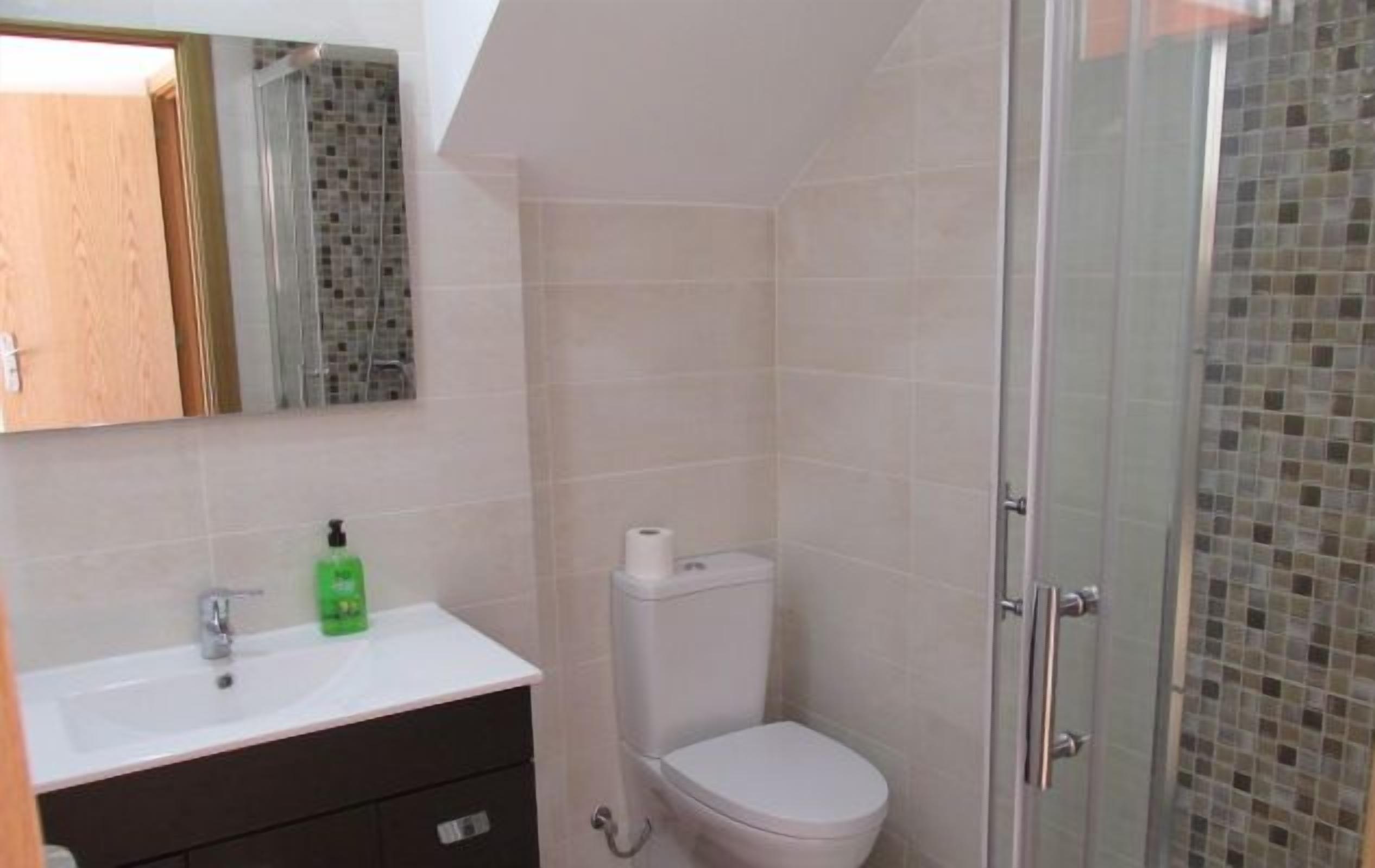 Ein Badezimmer mit einem weißen Waschbecken, einer Toilette und einer Duschkabine aus Glas.