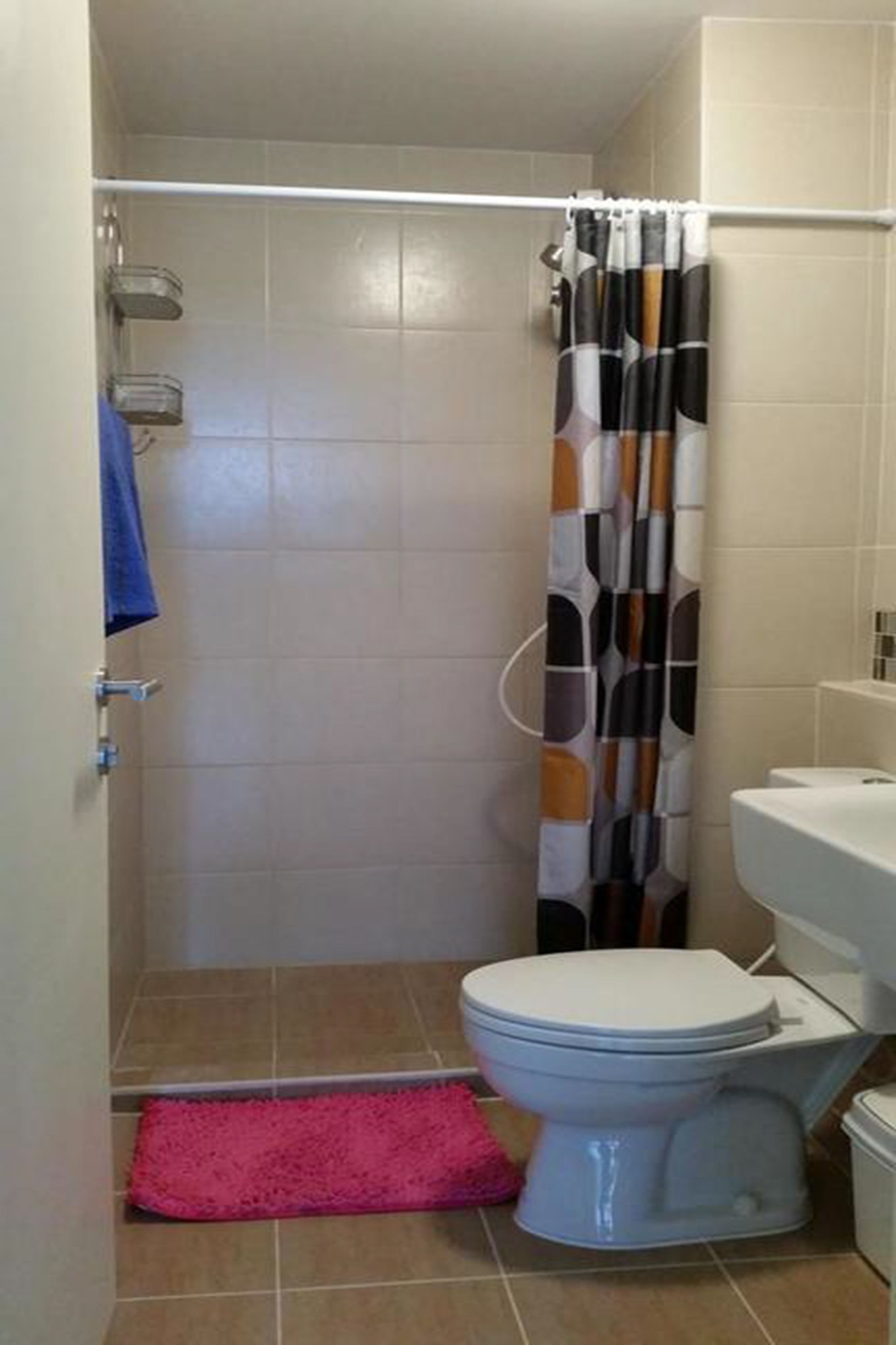 A bathroom with a shower, toilet, and a pink rug on the floor.