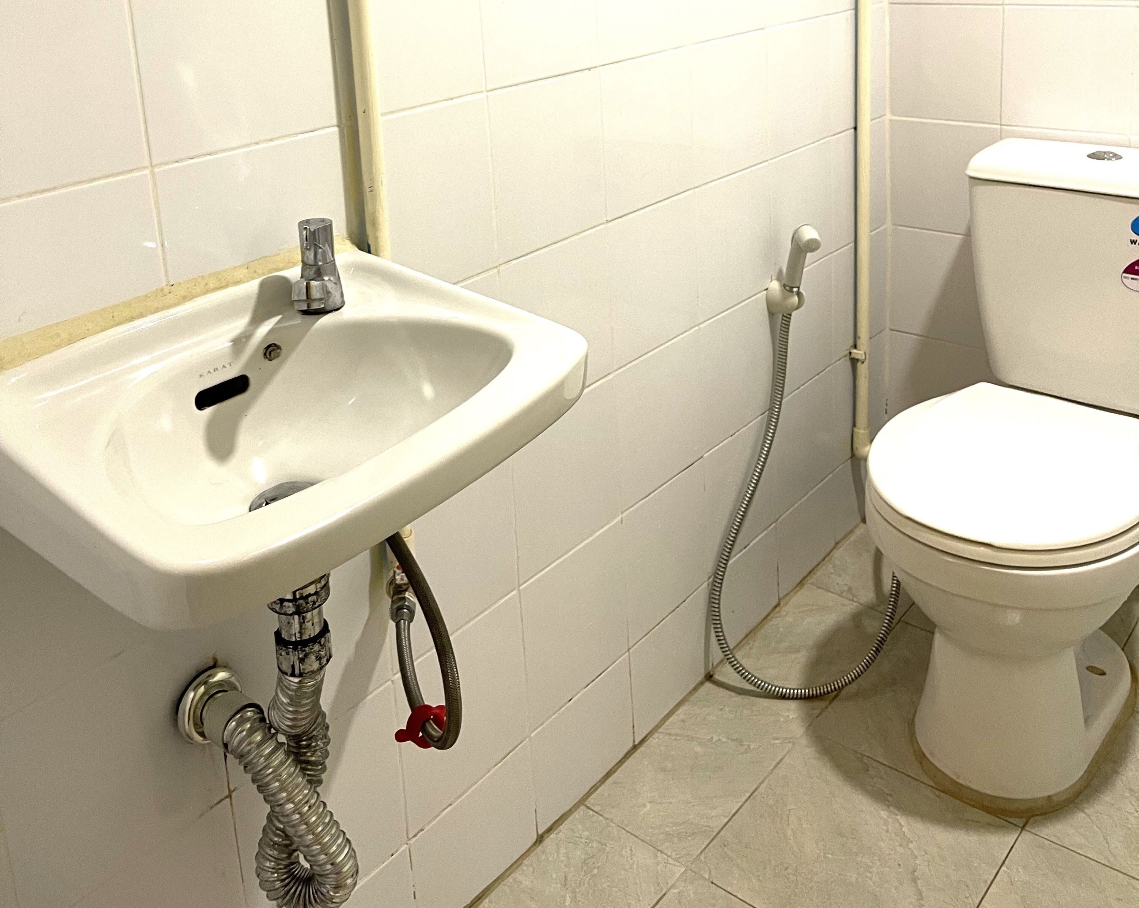 Une salle de bain avec un lavabo, des toilettes et une douche, le tout de couleur blanche.