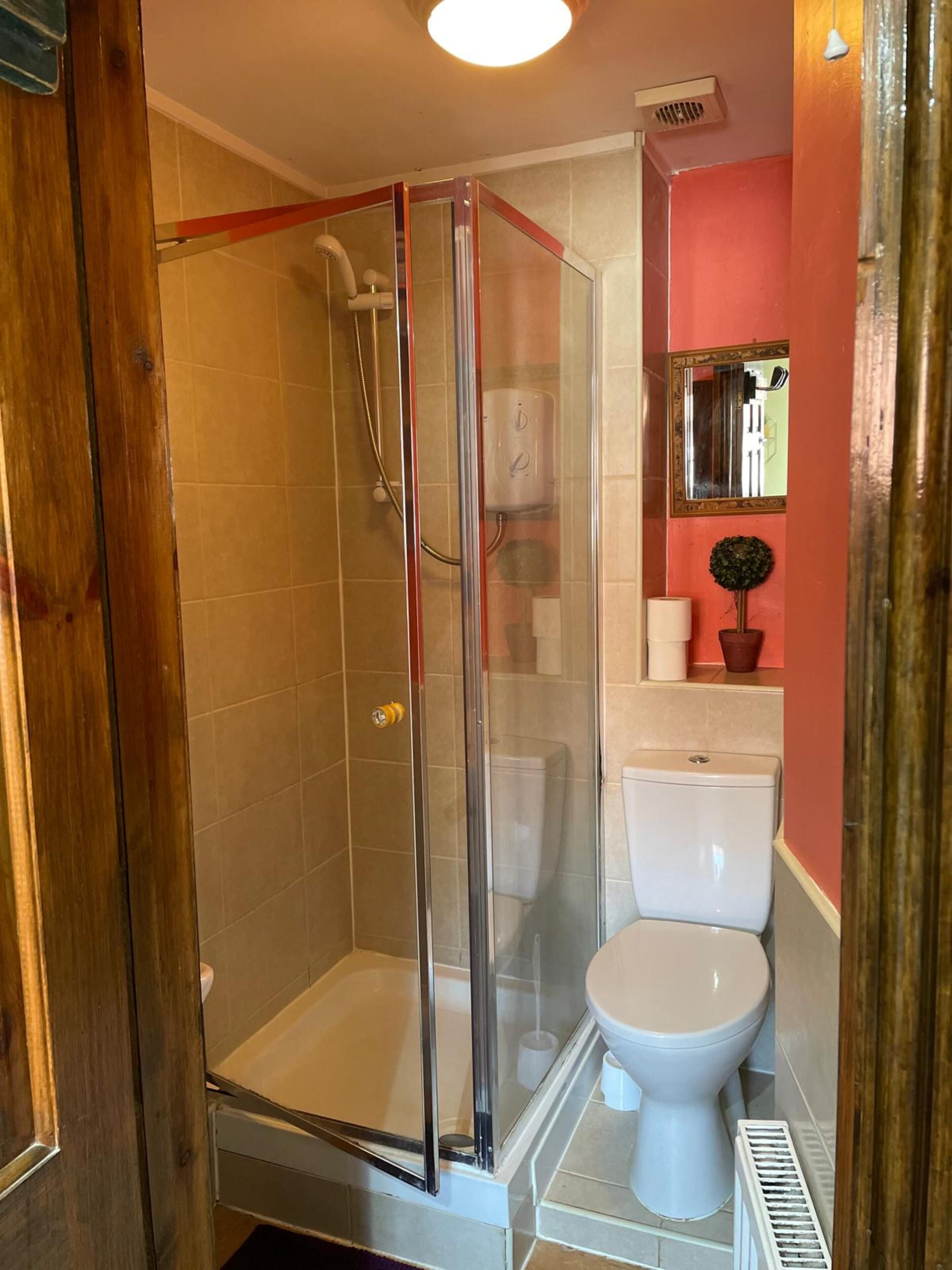 Bruser med glasdør, toilet og spejl på væggen.