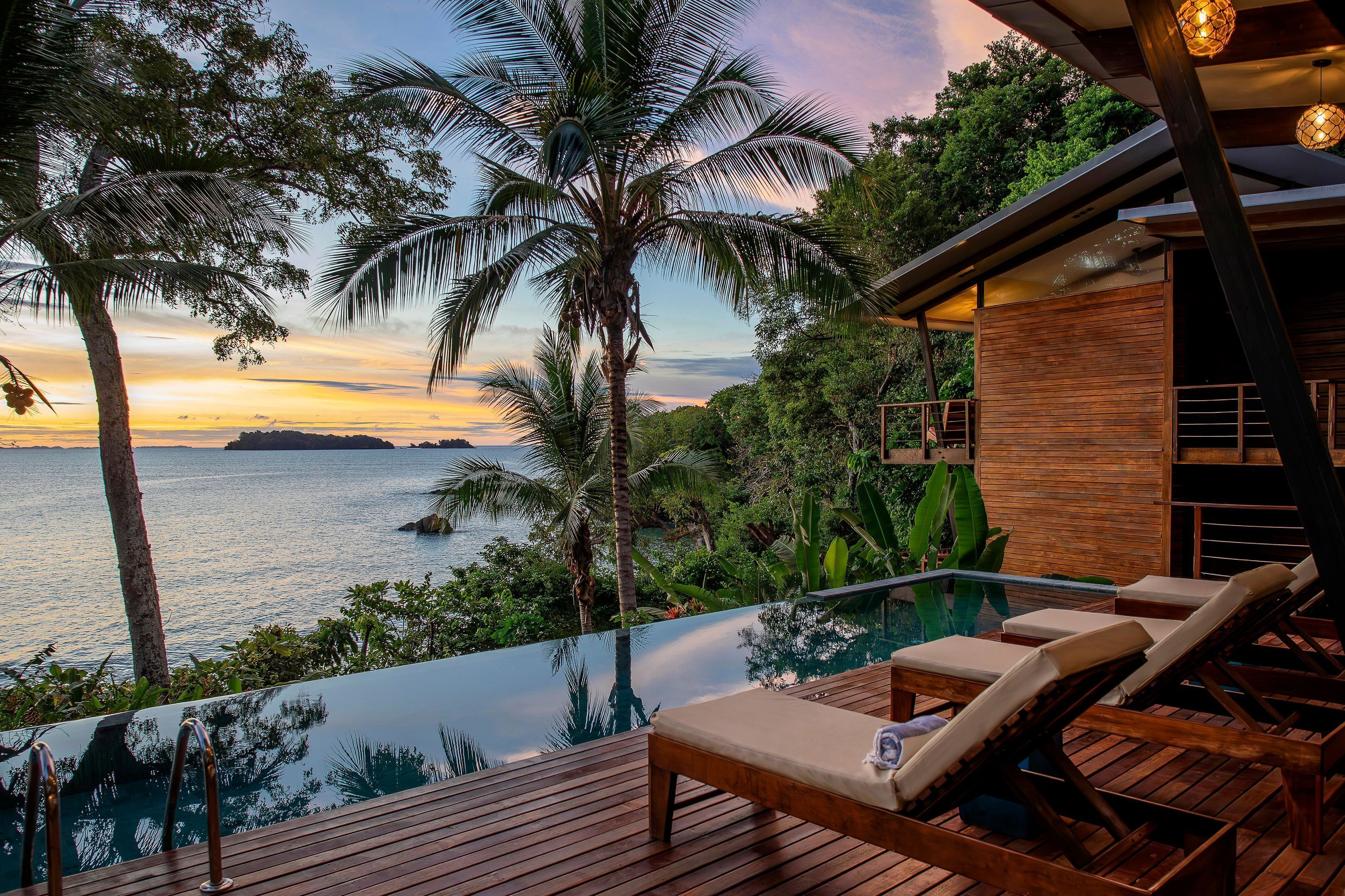 A wooden deck with lounge chairs overlooking a pool and the sea, surrounded by palm trees and lush greenery.
