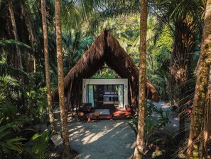 A thatched-roof hut with a glass door, surrounded by dense tropical foliage. - Isla Palenque Resort, Member of the Cayuga Collection (Boca Chica)