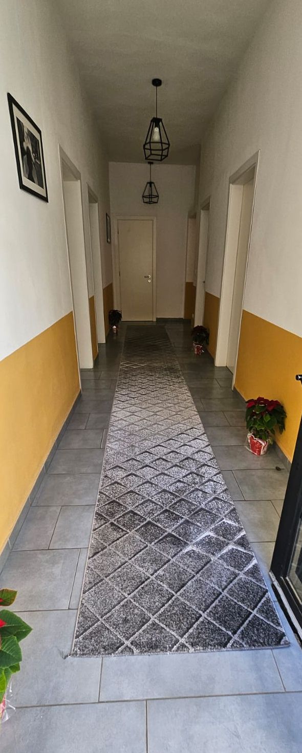 A hallway with a patterned rug, a door at the end, and a hanging light fixture.