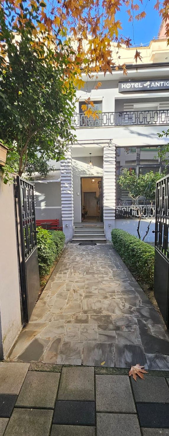 Entrada de un hotel con un camino de piedra que lleva a la puerta, rodeada de vegetación y un cielo despejado.