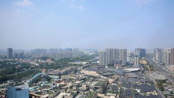 A cityscape with high-rise buildings, a mix of commercial and residential structures, and a prominent amusement park.