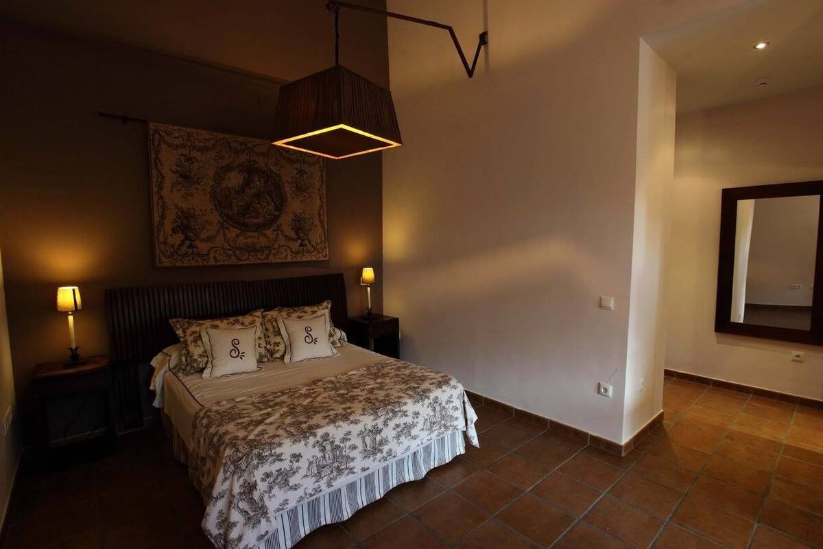 A bedroom with a large bed, two bedside tables with lamps, a hanging lamp above the bed, a large tapestry on the wall, and a mirror on the adjacent wall.
